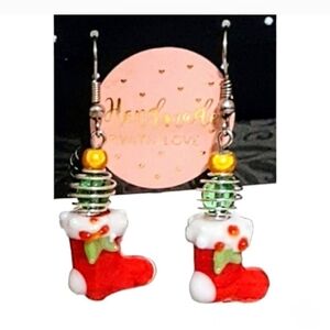 HANDMADE Christmas Stockings Red & Green Artisan Lampwork Glass Beaded Earrings